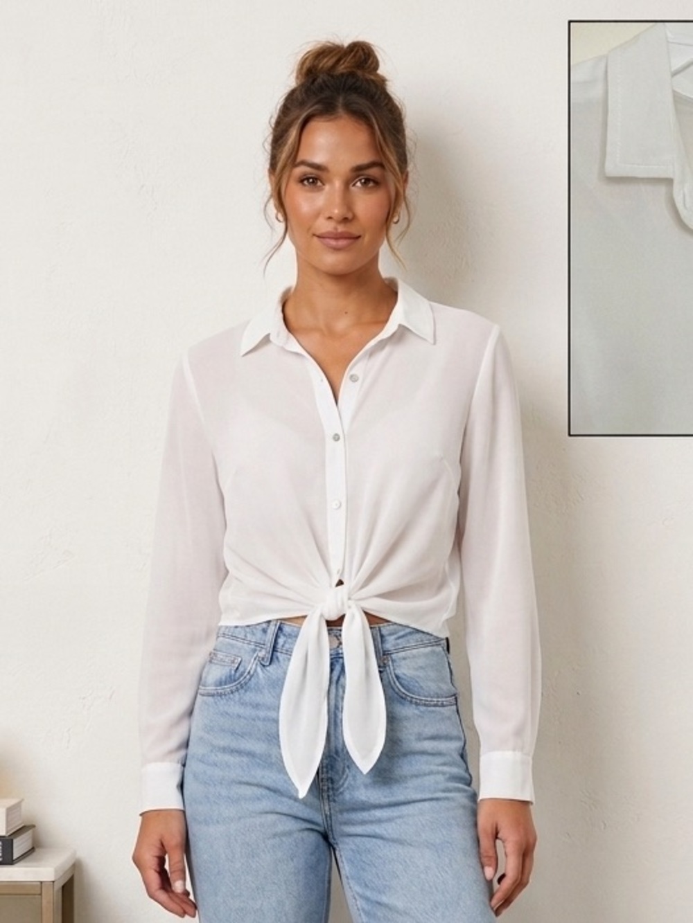 Tied Front Button-Up Blouse in White